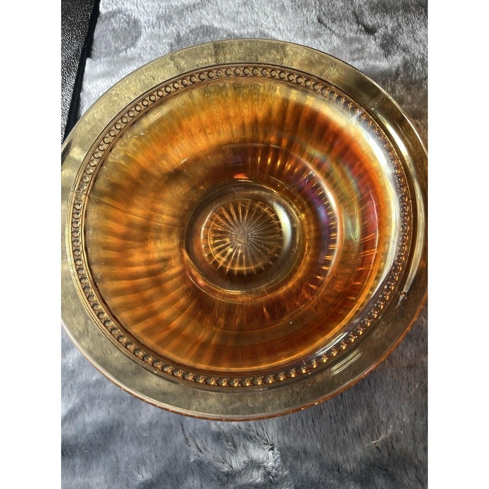Vintage Carnival Glass Marigold Ribbed Beaded Serving Bowl Iridescent Unmarked